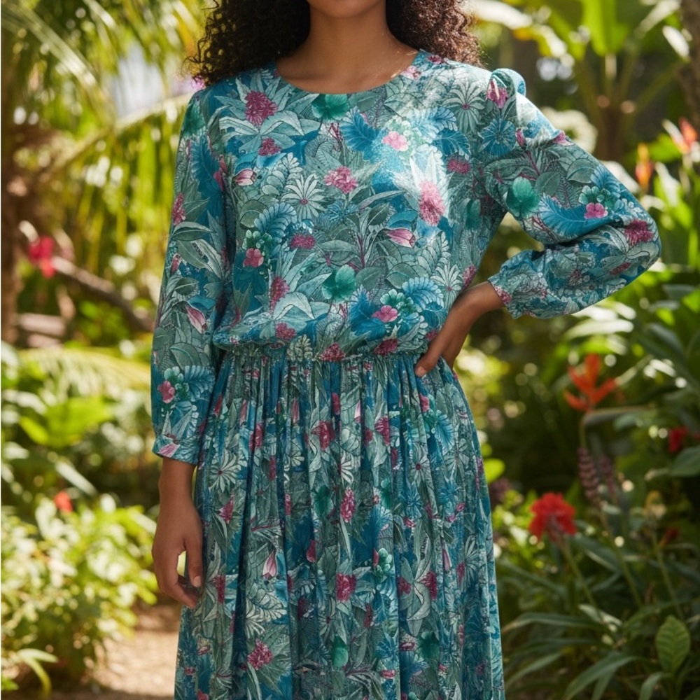 Vintage 80’s Floral Teal Long-Sleeve Midi Dress